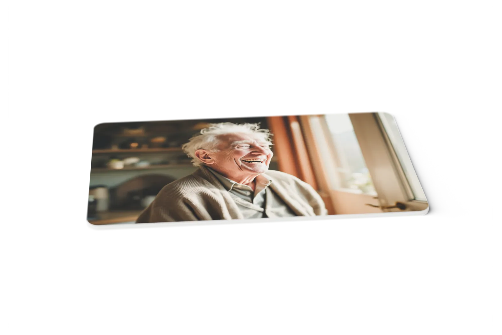 A memorial keepsake card printed with a photograph of an elderly man laughing in a sunlit kitchen