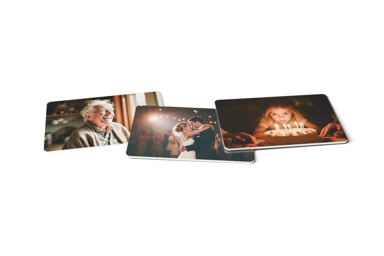 Three Dote cards side by side, printed with a grandfather laughing, a first dance, and a child blowing out birthday candles